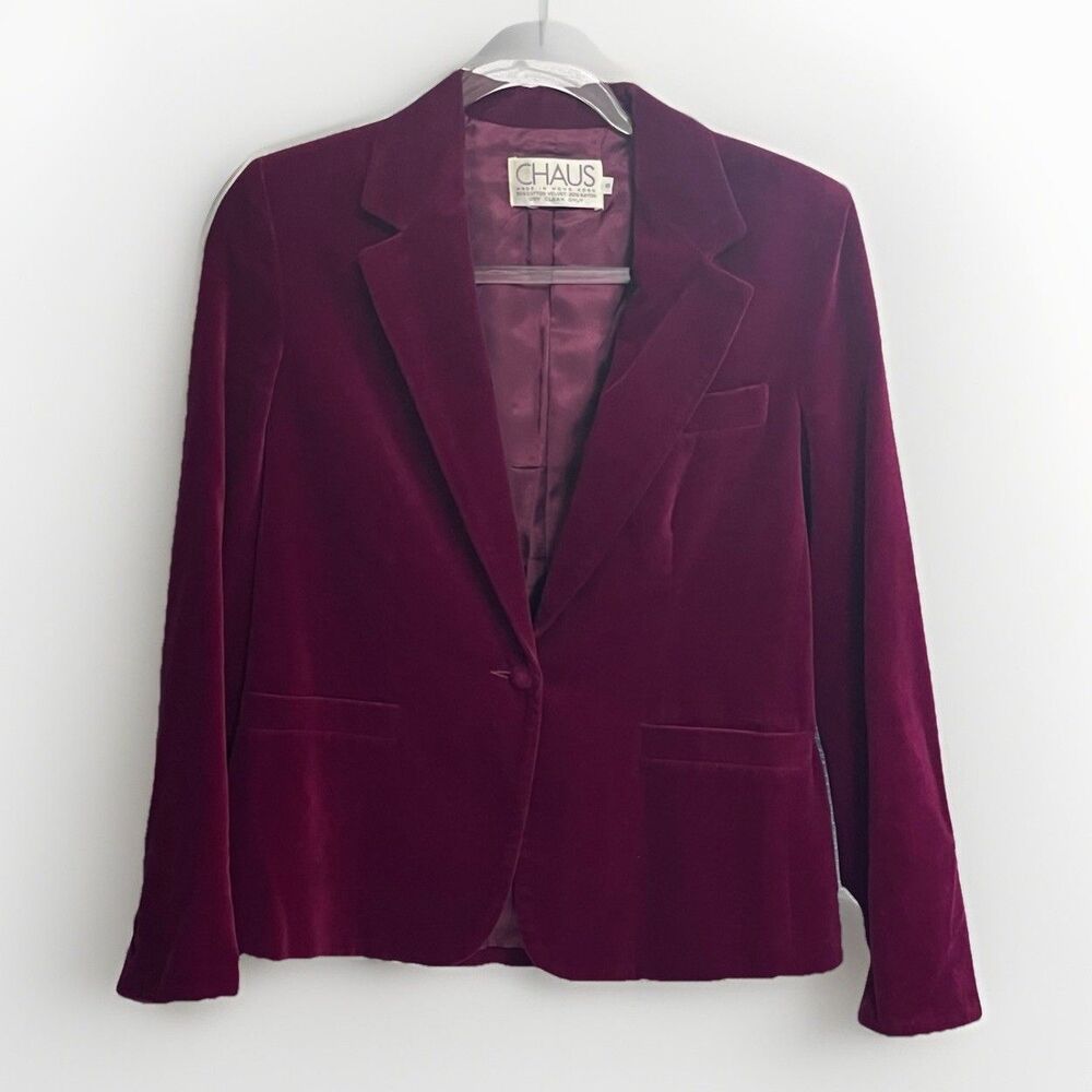 VTG Chaus Velvet Cotton Blazer Womens 8 burgundy Red Retro Disco Office Siren